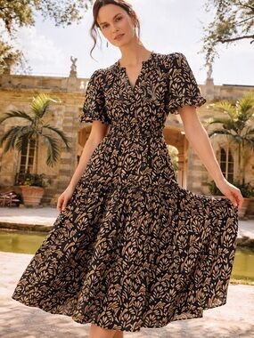 Monsoon Cotton Midi Dress with Leaf Print Size M